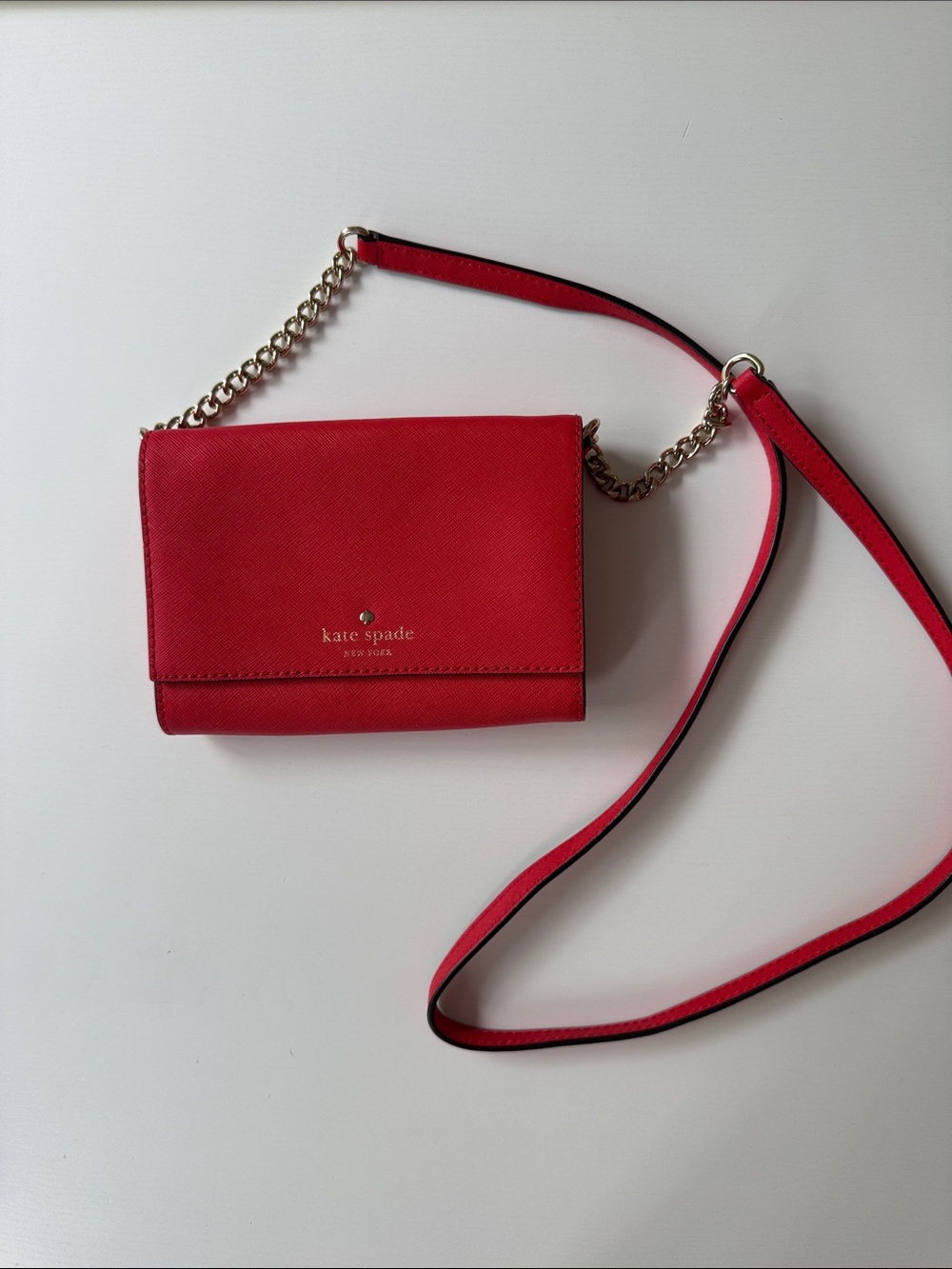kate spade red leather crossbody with gold chain strap